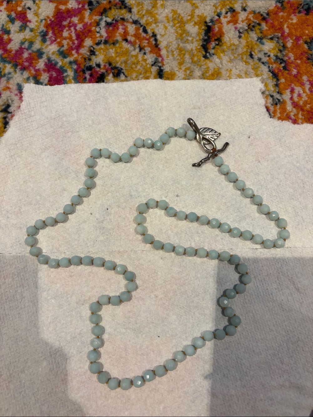 Pale Aqua Beaded Necklace with Silver Leaf Toggle